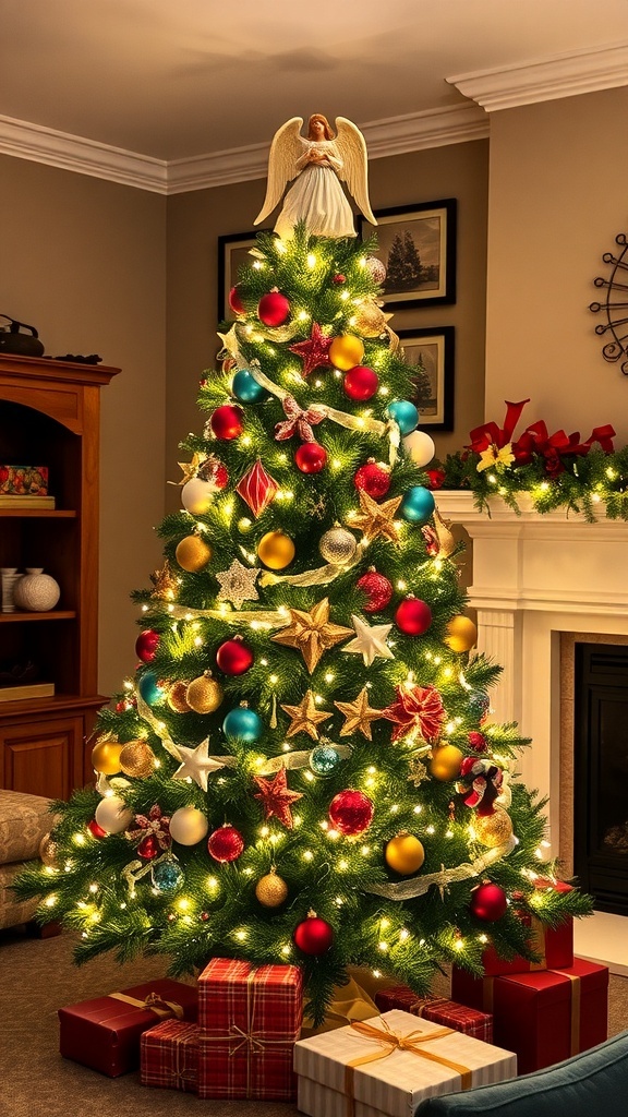 A Christmas tree with an angel topper, decorated with lights and ornaments, in a festive living room.